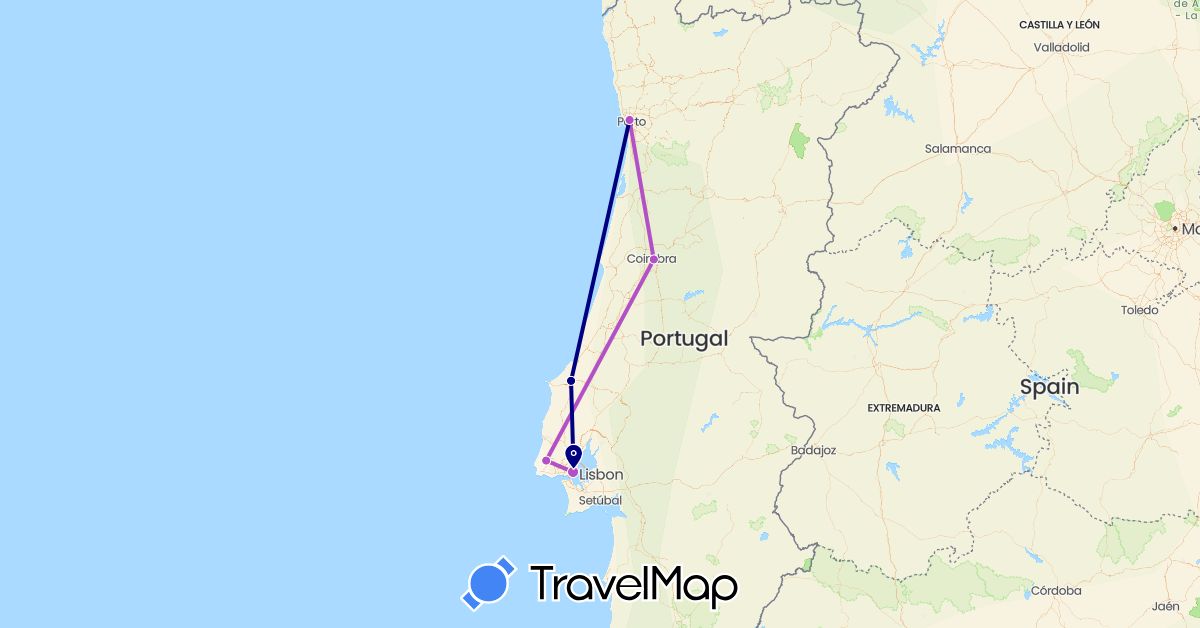 TravelMap itinerary: driving, train in Portugal (Europe)